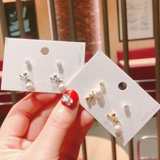 Set Of 2 Pairs: Rhinestone Stud Earring + Faux Pearl Stud Earring