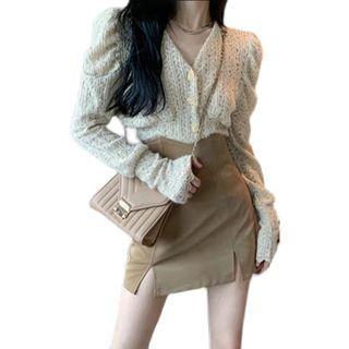V-neck Lace Blouse / Side-slit Mini Pencil Skirt