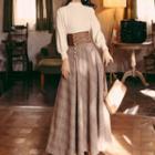 Set: Sweater + Plaid Lace-up Midi A-line Skirt