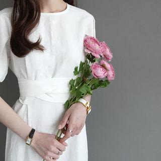 Linen Pleat Detail-sleeve Dress With Sash