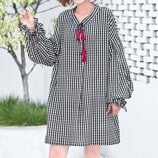 Tasseled Plaid Long Sleeve Dress