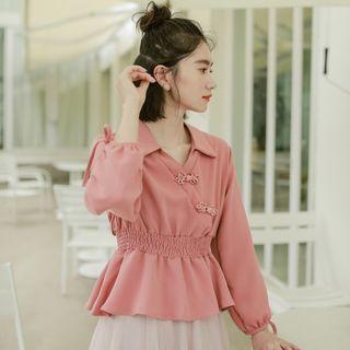 V-neck Blouse / Mesh Midi A-line Skirt