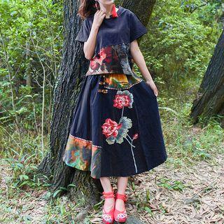 Set: Short-sleeve Floral Top + A-line Midi Skirt