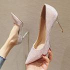 Pointed Genuine Leather Glitter Stiletto Pumps