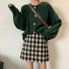 Cable-knit Cardigan / Plaid Mini A-line Skirt