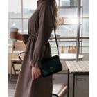 Frill-neck Checked Midi Flare Dress Brown - One Size