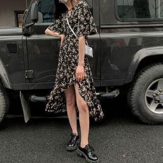 Short-sleeve Floral Asymmetric Dress