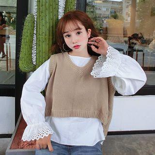 Plain Long-sleeve Loose-fit Blouse / Plain Knit Vest
