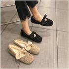 Square-toe Bow-accent Furry Flats