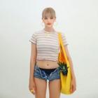Lettuce-edge Flower Stripe Cropped T-shirt Yellow - One Size