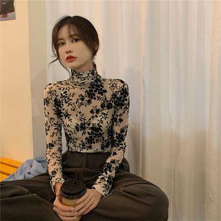 Long-sleeve Flower Print T-shirt Flower - Black & White - One Size