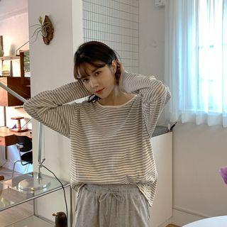 Round-neck Striped T-shirt Gray - One Size