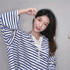 Striped Lace-up Long-sleeve Loose-fit Top As Figure - One Size