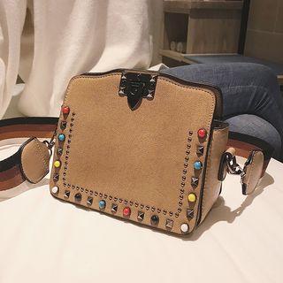 Faux Leather Studed Push Lock Crossbody Bag