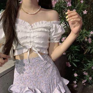 Off-shoulder Cropped Blouse / Floral Midi A-line Skirt