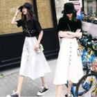 Set: Elbow-sleeve Lettering T-shirt + Midi A-line Skirt