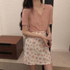 Short-sleeve V-neck Cardigan / Floral Print A-line Mini Skirt