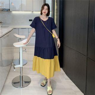 Mock Two-piece Short-sleeve Two-tone Midi Dress