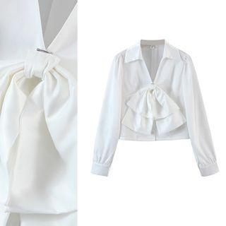 V-neck Bow-detail Long-sleeve Shirt