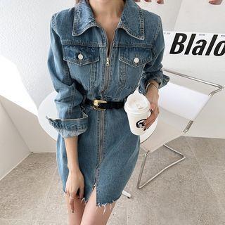 Collared Zip-up Denim Minidress With Belt Blue - One Size