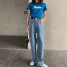 Short-sleeve Lettering T-shirt / Washed Wide-leg Jeans