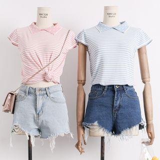Lightweight Dotted-collar Striped Knit Top