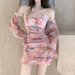 Off-shoulder Floral Ruffled Mini Sheath Dress