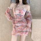 Off-shoulder Floral Ruffled Mini Sheath Dress