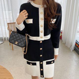 Set: Contrast Trim Cropped Cardigan + A-line Skirt Black & White - One Size