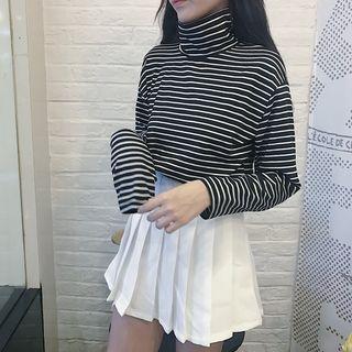 Turtleneck Long-sleeve Striped Knit Top As Shown In Figure - One Size
