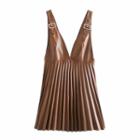 Faux Leather Pleated Mini A-line Overall Dress