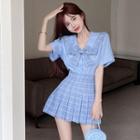 Elbow-sleeve Ribbon Tie-neck Shirt / Plaid Pleated Mini A-line Skirt