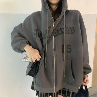 Lettering Hooded Zip Jacket Dark Gray - One Size