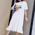 Elbow-sleeve Printed Ruffle Hem T-shirt Dress