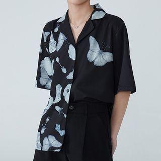 Short-sleeve Print Panel Shirt Black - One Size