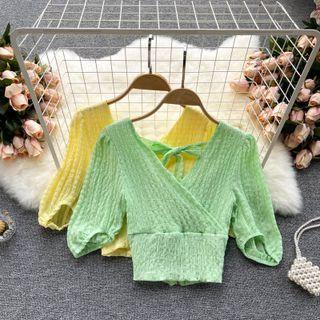 V-neck Open-back Puff-sleeve Chiffon Top