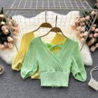V-neck Open-back Puff-sleeve Chiffon Top