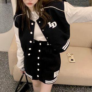 Long-sleeve Embroidered Bomber Jacket / High-waist Mini Skirt