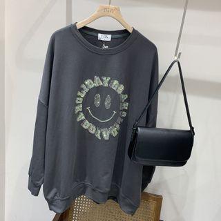 Rhinestone Sweatshirt Charcoal Gray - One Size