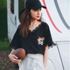 Embroidered Short-sleeve Lace Trim V-neck T-shirt