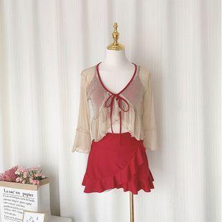 Set: Spaghetti-strap Cut-out Swim Dress + Bell-sleeve Jacket