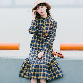Long-sleeve Mock Collar Plaid Midi A-line Dress
