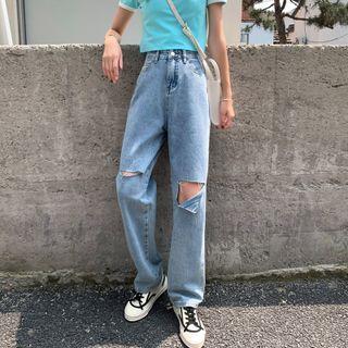 Distressed Straight Leg Jeans / High-waist Straight Leg Jeans