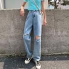 Distressed Straight Leg Jeans / High-waist Straight Leg Jeans