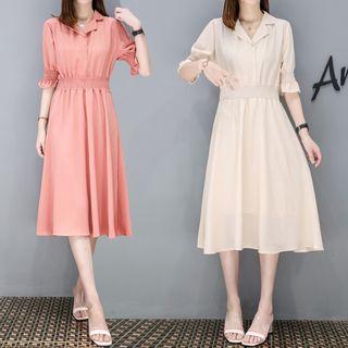 Short-sleeve Smocked Waist A-line Dress