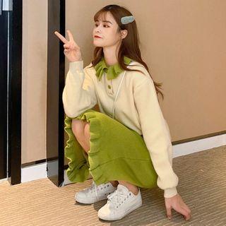 Two-tone Ruffle Trim Collared Sweater / Knit Skirt
