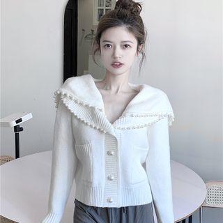 Sailor-collar Faux Pearl Cardigan