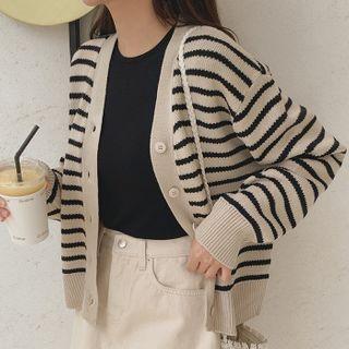 V-neck Stripe Knit Cardigan Beige - One Size