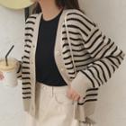 V-neck Stripe Knit Cardigan Beige - One Size
