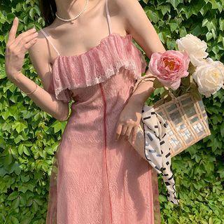 Spaghetti-strap Ruffled Mesh Midi A-line Dress